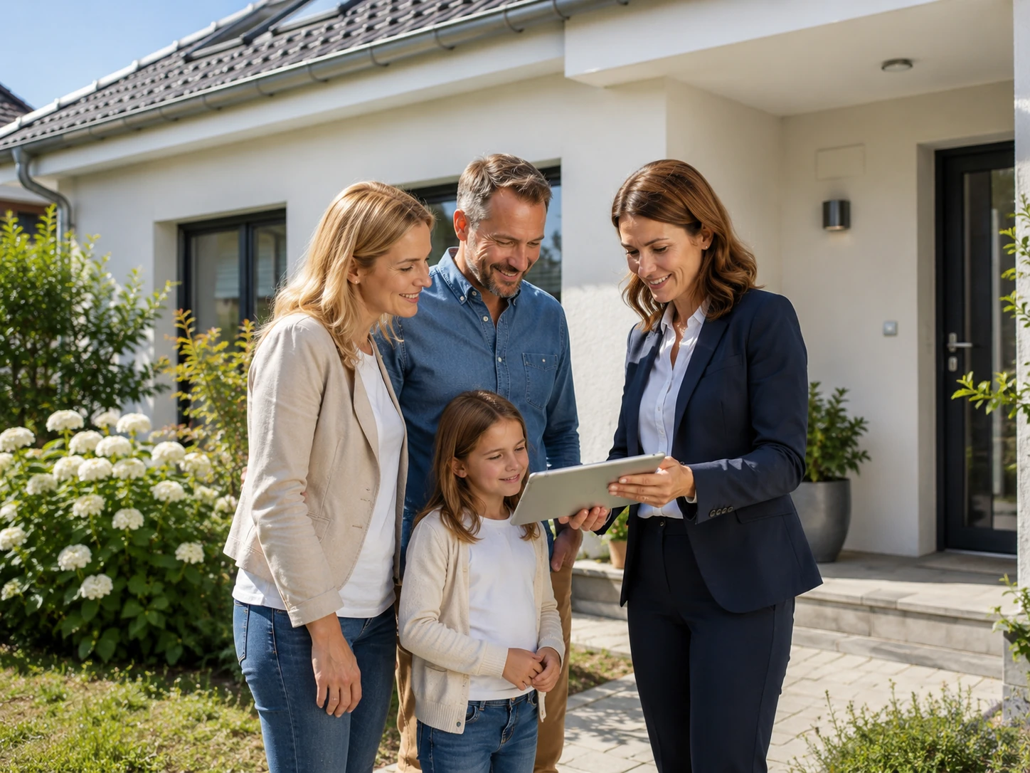 Familie im Gespräch mit einer Immobilienberaterin vor einem Wohnhaus
